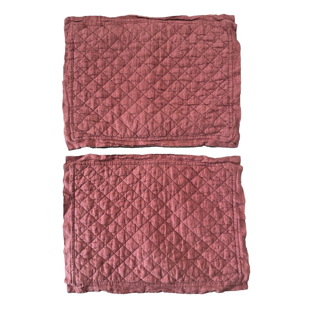 2 Pottery Barn Linen Diamond Quilted Pillow Shams Standard Red  30x24‎